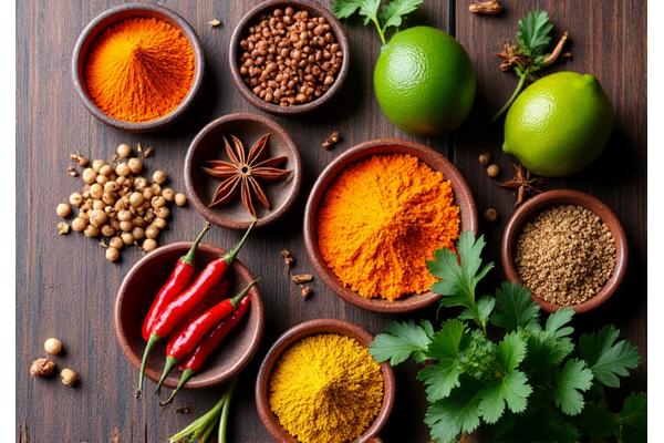 Assortment of global spices and ingredients in small bowls