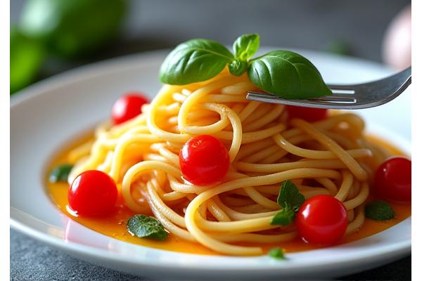 A plate of pasta with cherry tomatoes and basil, signifying quick preparation