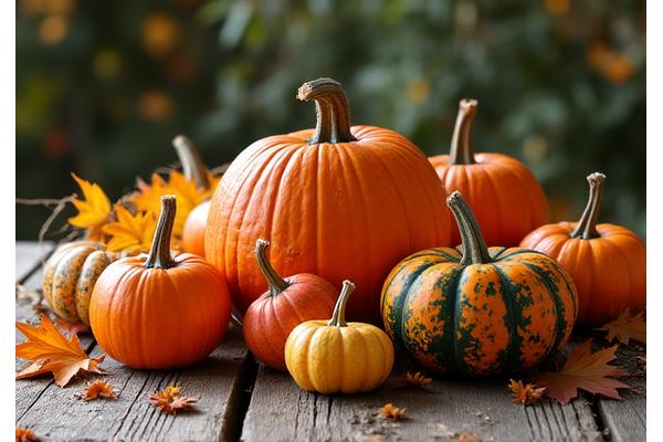 An array of fresh autumn harvest vegetables like pumpkins and gourds