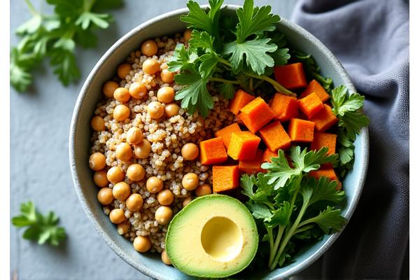A colorful buddha bowl with quinoa, avocado, androasted vegetables