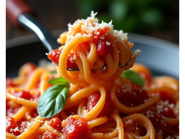 Freshly made pasta dish with rich tomato sauce and parmesan cheese
