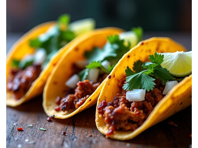 Street style authentic Mexican Tacos with various toppings