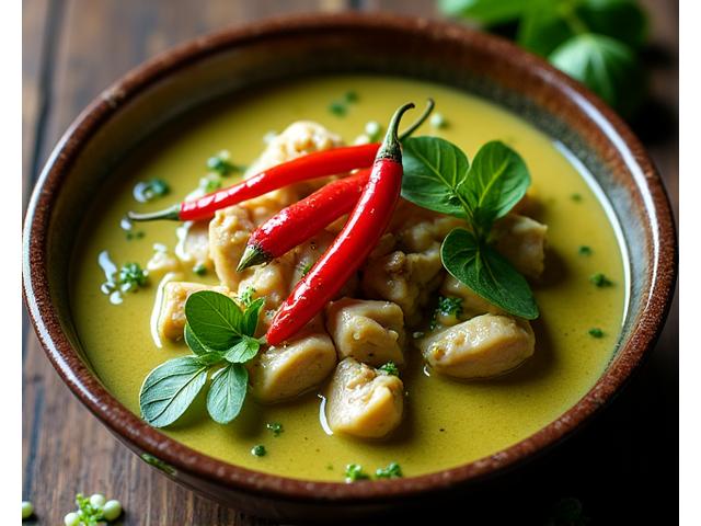 A vibrant bowl of Thai Green Curry with fresh basil and chili