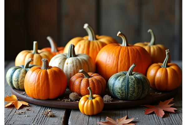 Various types of autumn squash and pumpkins