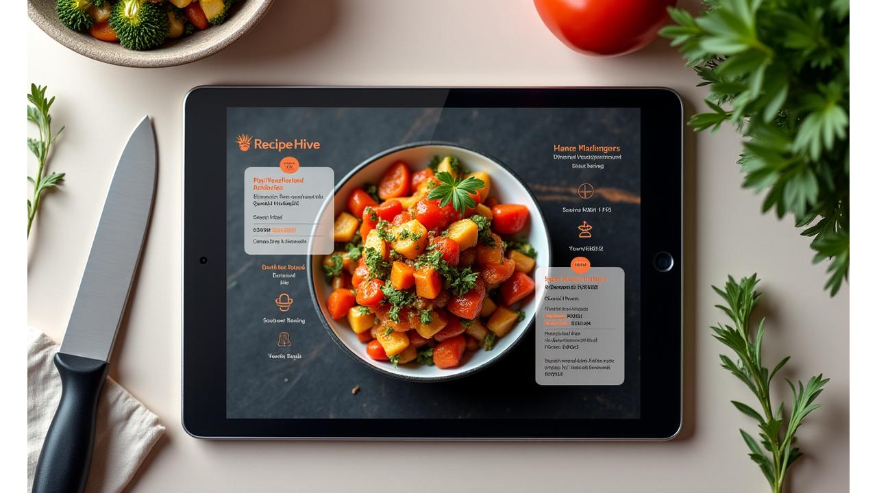 A digital interface displaying AI-powered personalized recipe recommendations, showing diverse ingredients and a sophisticated meal plan tailored to user preferences.