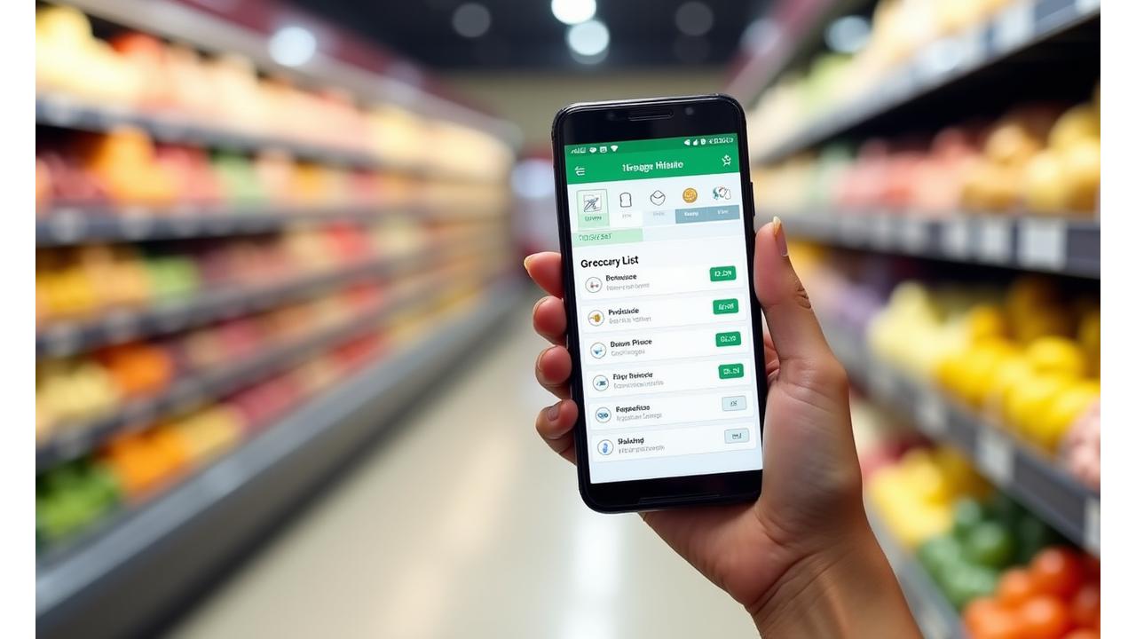 A smartphone screen displaying an organized digital grocery list, with items grouped by aisle, price comparisons, and checkboxes for quantities. A hand holds the phone in a supermarket setting.