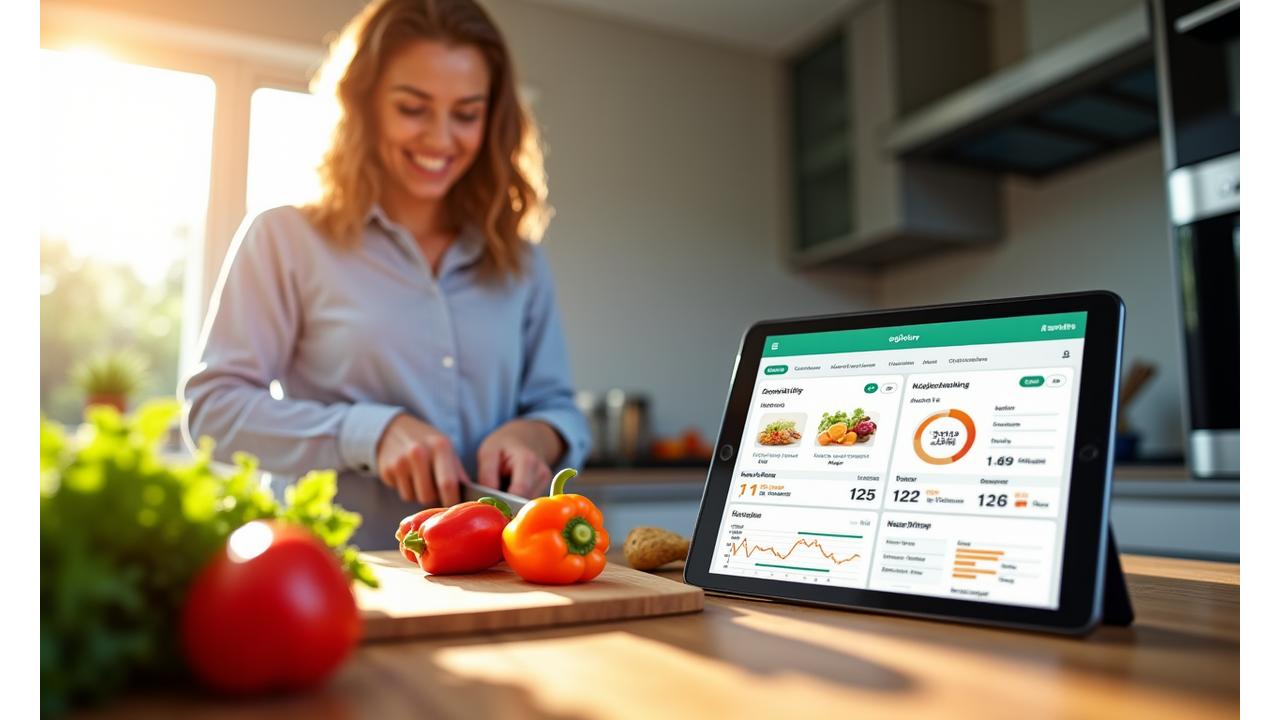 A person happily preparing a healthy meal (salad, grilled chicken) in a modern, sunlit kitchen, with a tablet displaying nutritional tracking and meal plan adjustments in the foreground. Focus on vibrant, fresh ingredients.