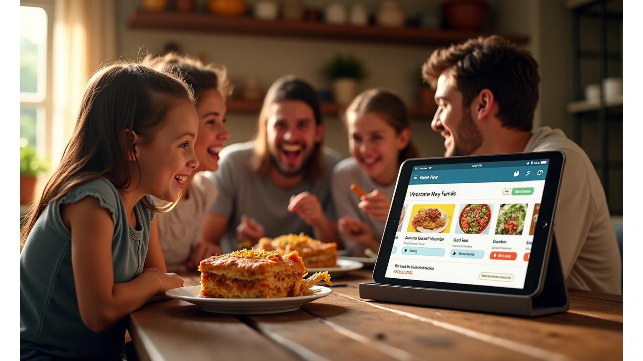 A happy, diverse family (parents, two children) gathered around a kitchen table, enjoying a meal together. A tablet on the table displays Recipe Hive's family meal plan, showing different dietary considerations subtly integrated.