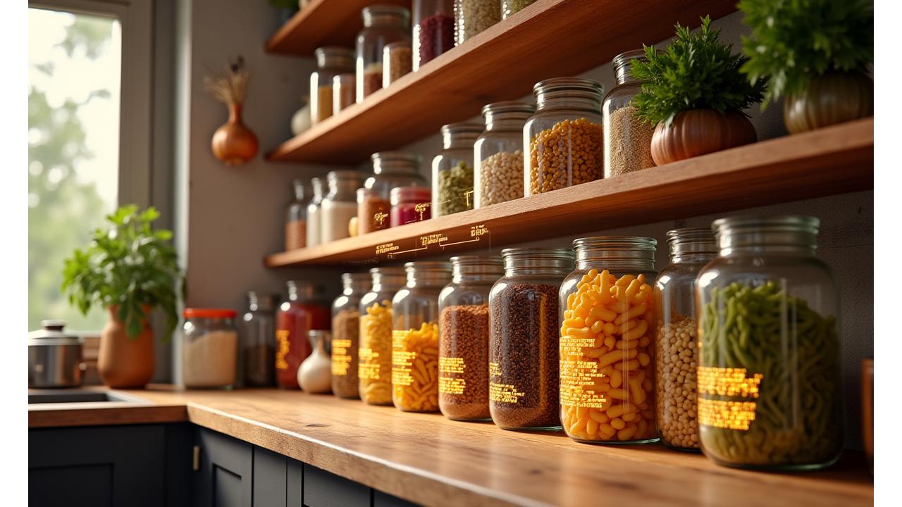 An organized pantry with jars, containers, and fresh produce, overlayed with a transparent digital interface showing ingredient tracking, expiration dates, and recipe suggestions. Natural, warm kitchen lighting.