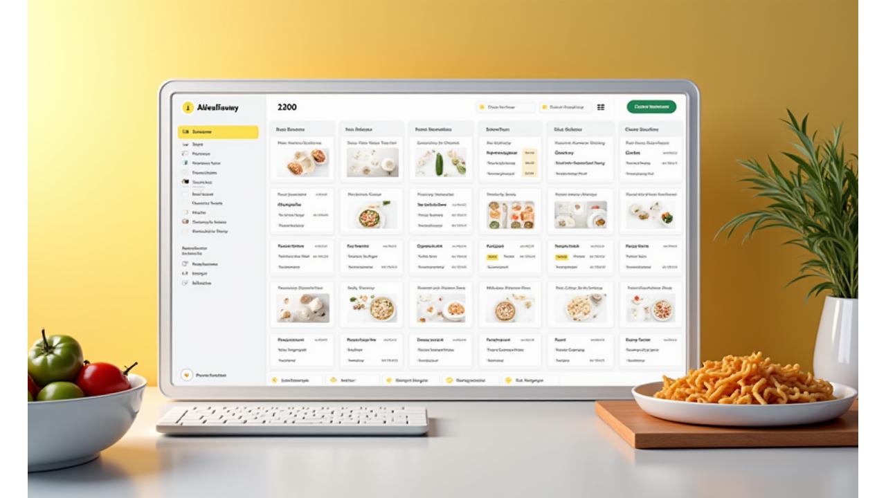 A clean, modern digital dashboard showing a weekly meal plan calendar with drag-and-drop recipe icons, nutritional summaries, and time slots for various meals.