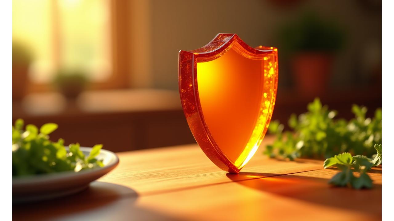 A stylized shield symbolizing data protection, with warm, inviting kitchen elements in the background, subtly indicating privacy in a culinary context.