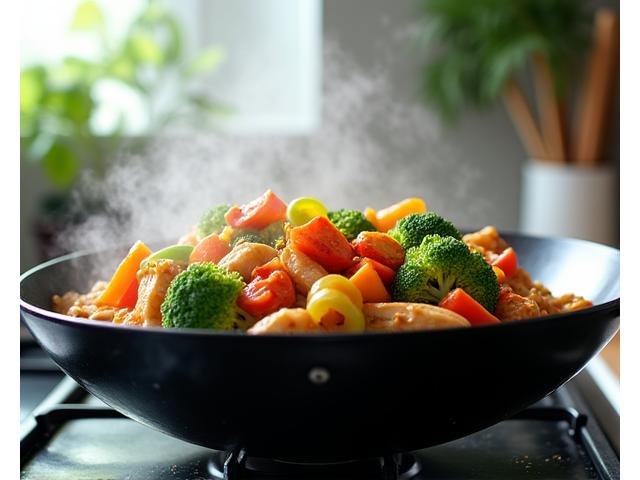 A colorful chicken and vegetable stir-fry in a wok, bursting with freshness and cooked in 20 minutes.