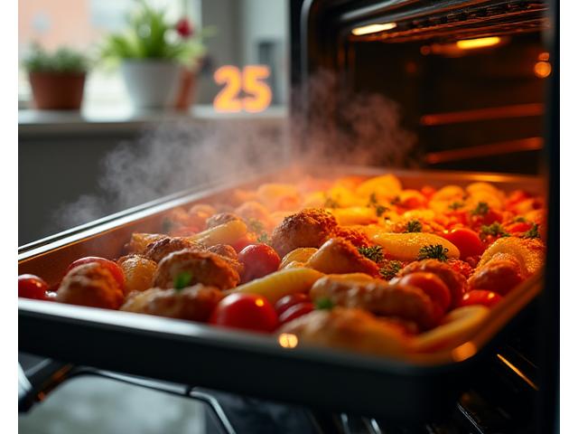 A vibrant, perfectly cooked sheet pan dinner being pulled from an oven, with a kitchen clock prominently displaying '25 minutes' in the foreground, suggesting speed and efficiency.