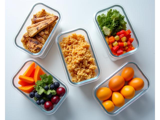 Neatly organized meal prep containers filled with colorful, prepared ingredients for a week of quick meals, illustrating efficiency and planning.