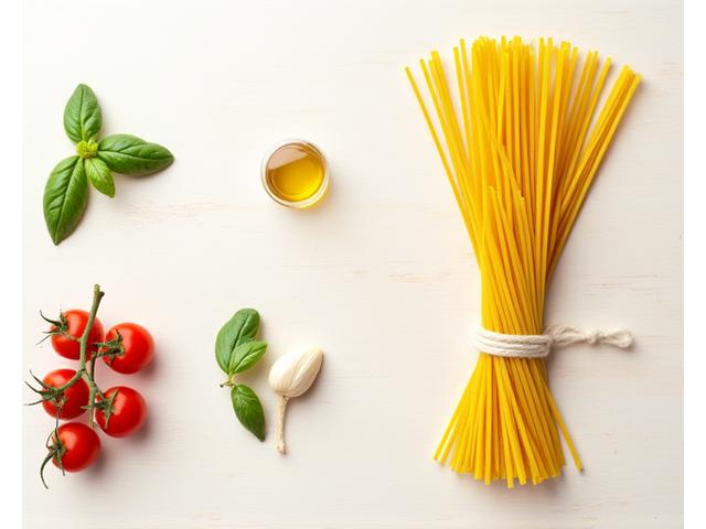 A beautifully arranged flat lay of just five fresh ingredients (cherry tomatoes, basil, garlic, spaghetti, olive oil) ready for a simple, quick pasta dish, emphasizing 'minimal ingredients'.