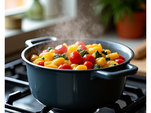 A bubbling one-pot pasta dish simmering on the stove, filled with vibrant vegetables and noodles, showcasing easy cleanup.