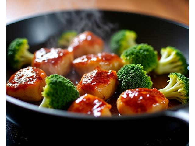 A sizzling skillet filled with glossy teriyaki chicken and broccoli, capturing a quick, flavorful meal.
