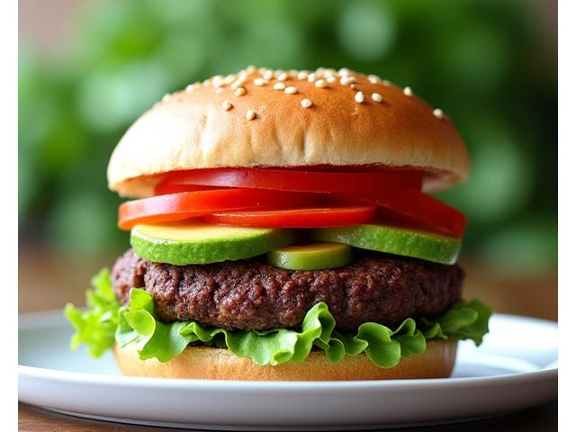 A thick, flavorful black bean burger patty on a toasted bun with fresh lettuce, tomato, and avocado, ready to eat.