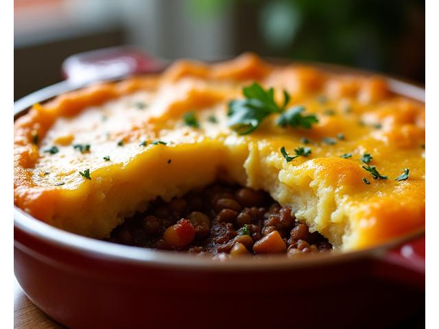 A comforting, rich lentil shepherd's pie with a golden, mashed potato topping, served in a rustic ceramic dish.