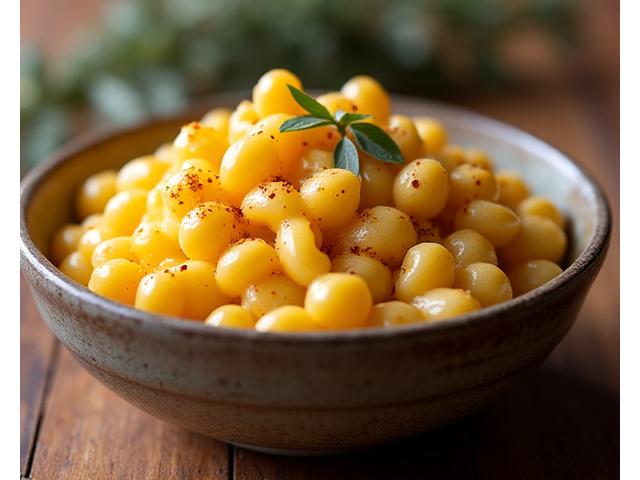 Creamy vegan mac and cheese, rich and golden, with a sprinkle of herbs on top, served in a rustic bowl.