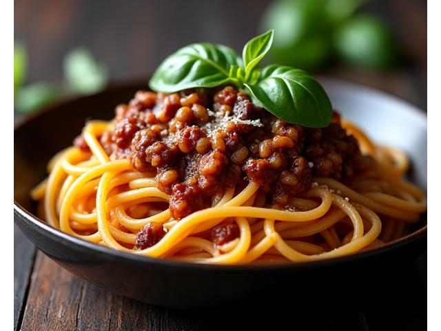A rich and hearty mushroom and lentil bolognese sauce coating spaghetti, garnished with fresh basil.