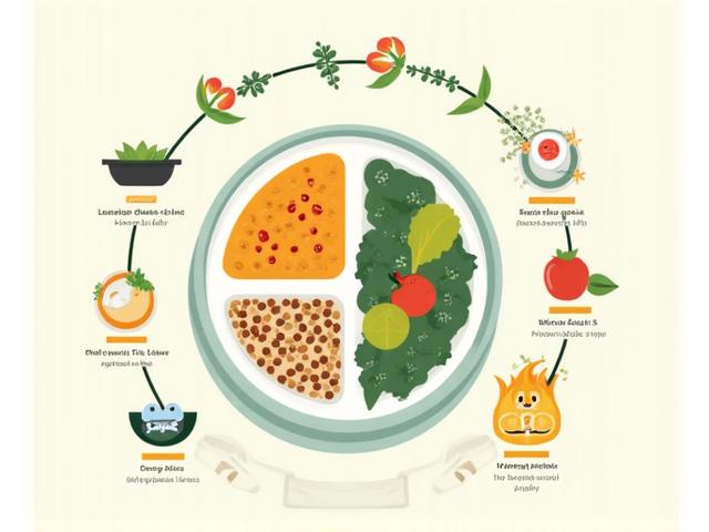 A colorful info-graphic showing a balanced plant-based meal plate with sections for legumes, grains, fruits, and vegetables, surrounded by nutrient icons like iron, B12, and omega-3.