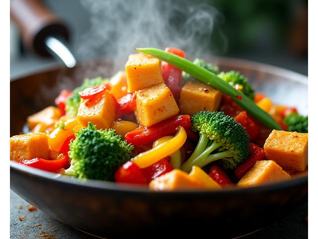 A vibrant tofu and vegetable stir-fry with colorful bell peppers, broccoli, and crispy tofu cubes, glossy with sauce.